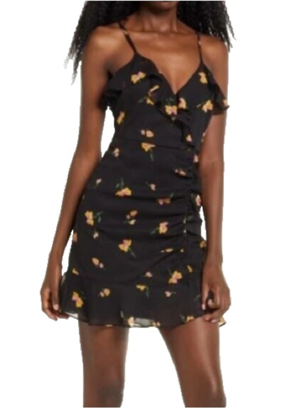 All in Favor Black Mini Dress with Yellow Floral Print